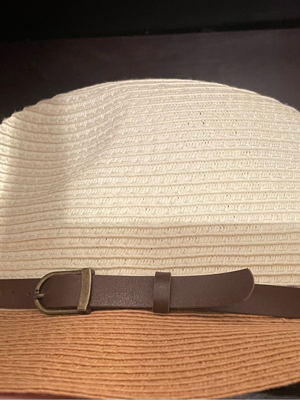 Woven Two-Tone Straw Sun Hat with Brown Faux Leather Belt